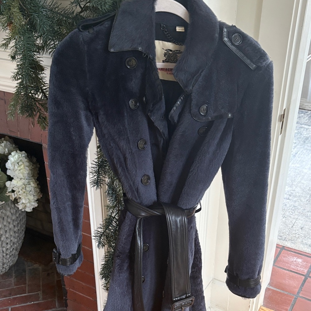 Burberry Navy Fur and Leather Trimmed Coat